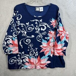 Take Two Clothing Co. Women's Floral Knit Top Size 1x Colorful Artsy Rhinestones
